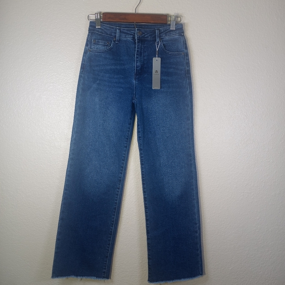 Tractr Girls High Rise Straight Wide Leg Raw Edge Hem Medium Wash Boho Jean 12